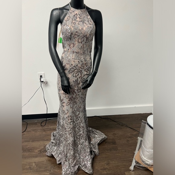 Jovani Dresses & Skirts - Jovani 02473 Size 4 Silver High Neck Lace Long Dress With Cut Outs NWT